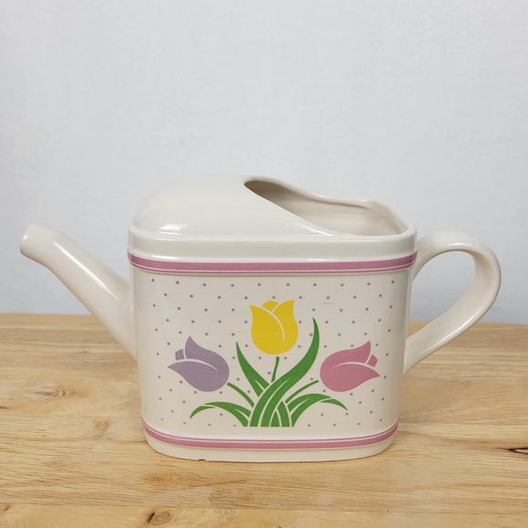 Teleflora Other - Vintage 1985 Teleflora Tulip Polka Dot Ceramic Watering Can Vase Grandmacore